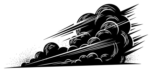 Dynamic explosion smoke cloud with motion lines in bold woodcut style © Kumamoto