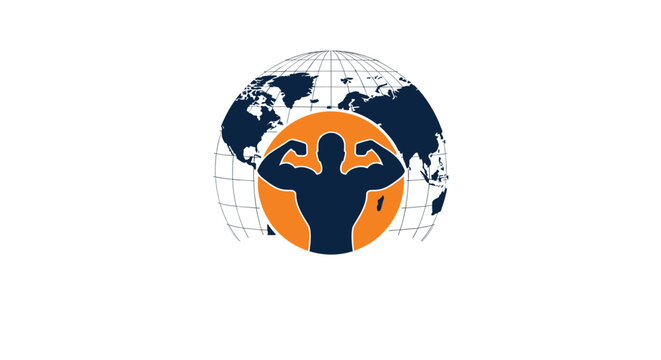 Global fitness logo featuring a strong muscular bodybuilder silhouette against an orange circle and world map.