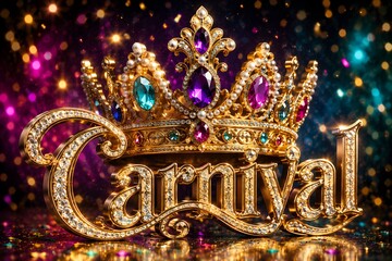 Fototapeta premium Luxury Gold Carnival 3D Typography Studded with Diamonds and Ornate Royal Crown with Jewels on Festive Bokeh Background