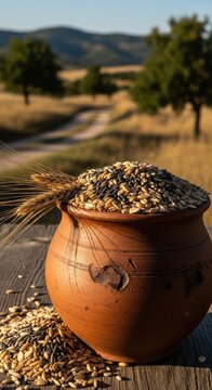 Rustic Clay Pot Filled with Grain.