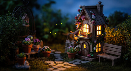 Fototapeta premium Enchanting Miniature Fairy House Garden Scene At Night Bathed In Warm Light