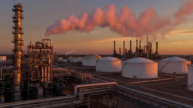 Vibrant industrial scene features smokestacks and storage tanks under colorful sunset sky.