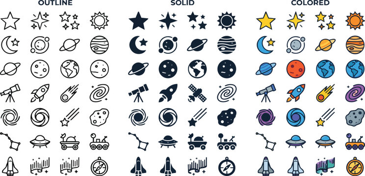 Comprehensive collection of space and galaxy themed vector icons featuring stars planets rockets and satellites displayed on transparent background
