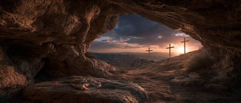 Empty Tomb and Three Crosses at Sunrise, This symbolic Easter scene represents the resurrection of Jesus Christ, faith, hope, redemption, and Christian spirituality.