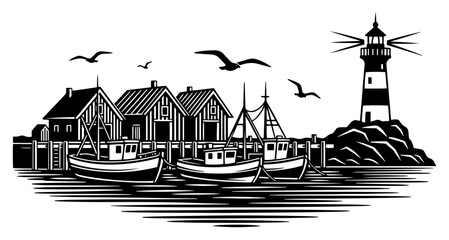 Coastal fishing village with harbor boats and lighthouse in woodcut style © Kumamoto