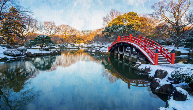 Snow Covered Park with Red Arched Bridge Reflections.