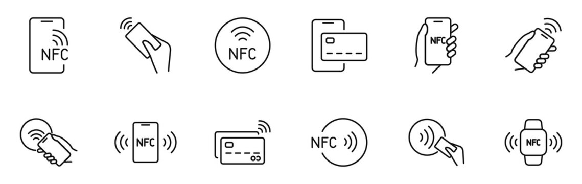 NFC payment icon set. Contactless pay icons in line style. Editable web icons NFC technology, credit card, nfc payment, wireless pay etc. Vector illustration.