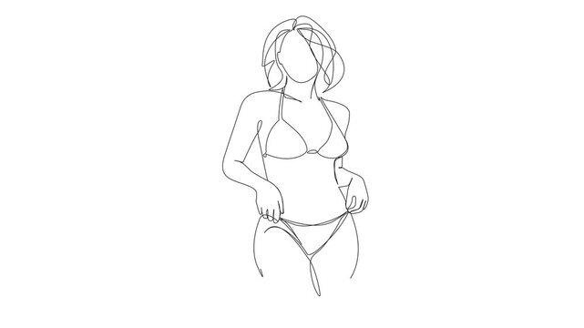 animated continuous line drawing of a woman in a bikini, abstract line art animation of a female person in swimwear