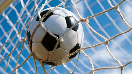 Naklejka premium a football ball hitting the net of the goat with strength