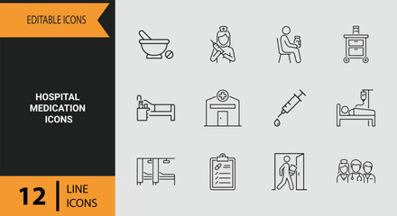 Naklejka premium Hospital Medication Icons Outline Icon Set for Clinic Pharmacy Management and Patient Treatment Charts