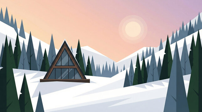 Beautiful flat digital illustration of a cozy modern wooden a-frame cabin located in a picturesque snowy winter mountain landscape with green pine forest under a bright warm morning sunrise sky.