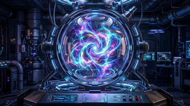 Fusion reactor core generates immense energy within a high-tech laboratory containment chamber.