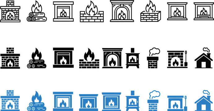Collection of professional fireplace vector icons showcasing various hearth designs and burning flames presented in minimalist style on transparent background