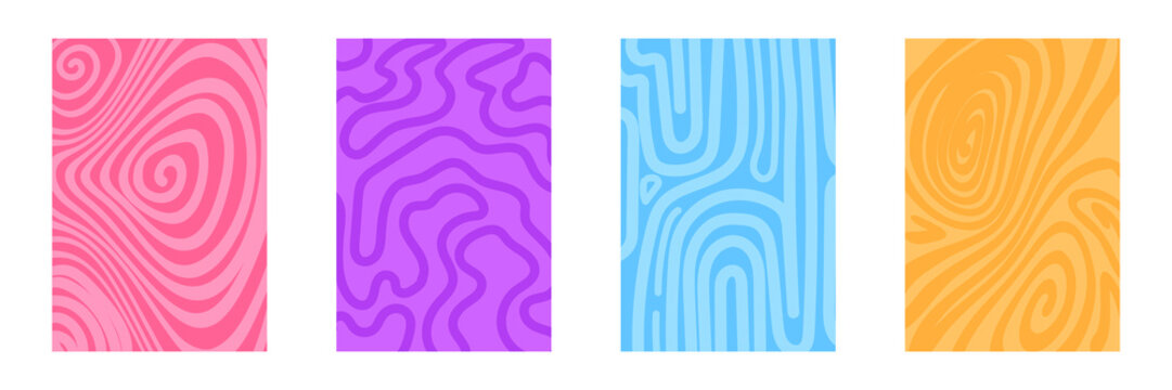 Psychedelic wavy patterns, groovy retro swirls and spiral lines. Abstract vector backgrounds with hypnotic curves and trippy optical illusions, distorted geometric bg, crazy contemporary posters