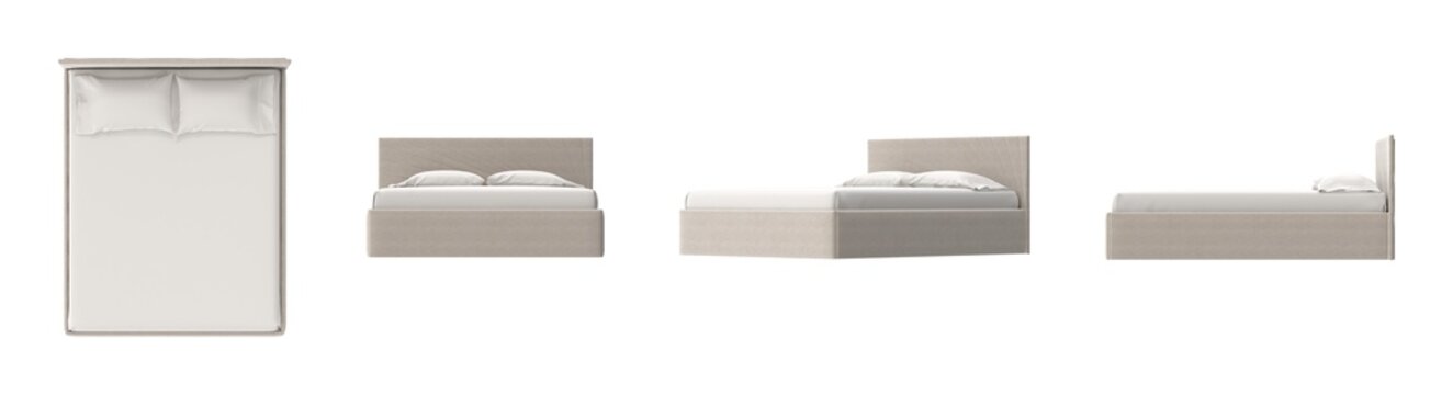 Modern upholstered bed frame with headboard and pillows, presented from multiple angles
