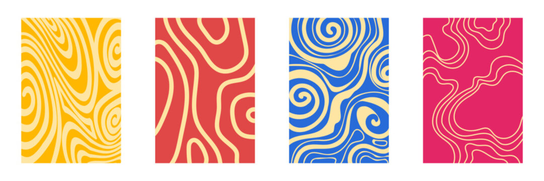 Psychedelic wavy patterns, groovy retro swirls and spiral lines. Abstract vector backgrounds with hypnotic curves and trippy optical illusions, distorted geometric bg, crazy contemporary posters