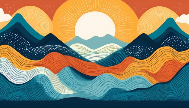 abstract modern summer vacation pattern mountains sea sun waves in a naive style