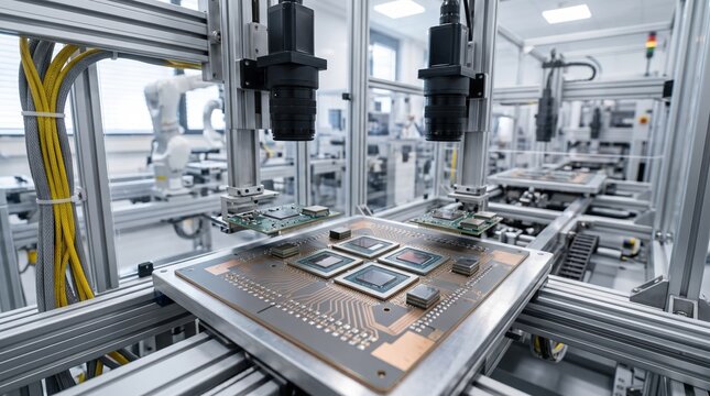 Medium shot of a flexible production line assembling heterogeneous chiplets focusing on CPU and GPU components integrated on a shared interposer for advanced computing systems.