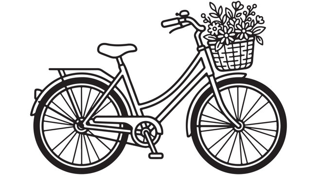 Vintage bicycle line art vector icon with flower basket on handlebars for coloring page and decorative design