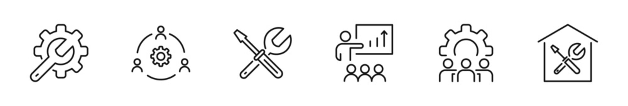 Workshop icon set. Business workshop icons in line style. Editable web icons for teamwork, meeting, training, coaching, collaboration and education. Vector illustration.