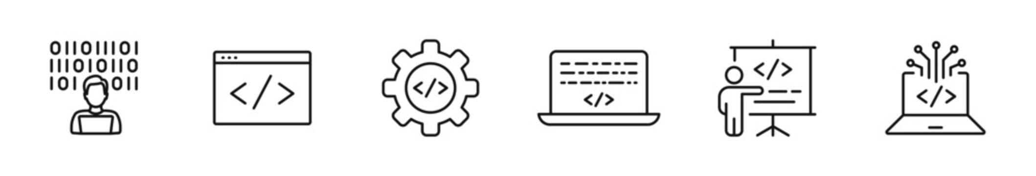 Programming icon set. Coding icons in line style. Editable web icons developer, algorithms, information technology, code, api, programmer, software, scripts. Vector illustration.