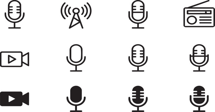 Professional black and white media icon set featuring various studio microphones radio and video recording symbols on transparent background