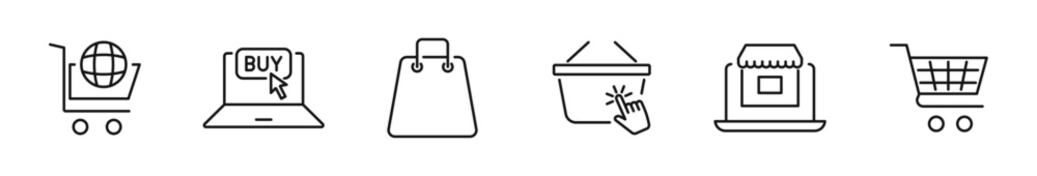 E-commerce icon set. Online shopping icons in line style. Editable web icons shop, cart, delivery, buy, product, wallet, barcode, price tag, sale etc. Vector illustration.