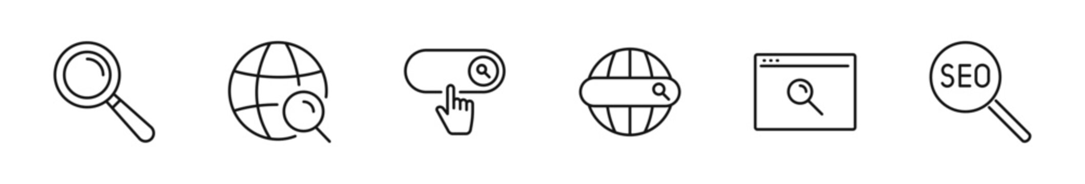 Search icon set. SEO icons in line style. Editable web icons magnifying glass, research, investigate, find, loupe etc. Vector illustration.