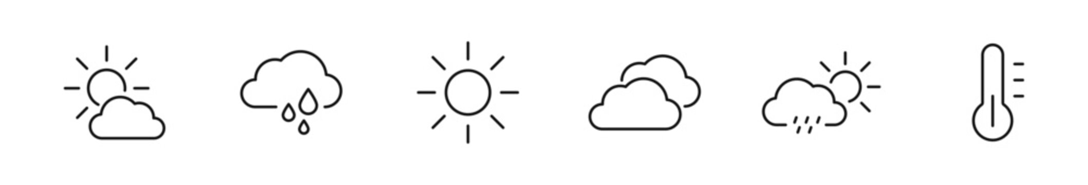 Weather icon set. Weather forecast icons in line style. Editable web icons suny, cloudy, rainy, thunderstorm, windy, snow, meteorological etc. Vector illustration.