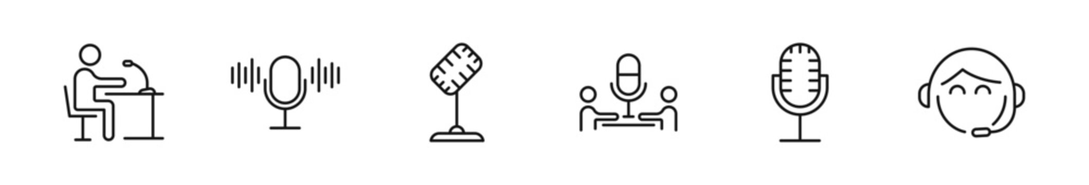 Podcast icon set. Podcasting icons in line style. Editable web icons microphone, radio, video, news, audio, webcast, record, broadcasting, voice, conference etc. Vector illustration.