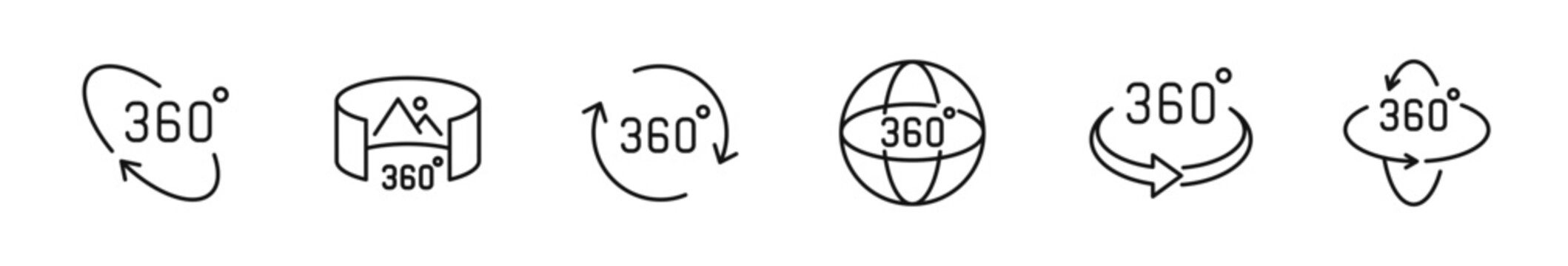 360 degrees view icon set. Rotation icons in line style. Editable web icons virtual reality, panoramic view, arrows etc. Vector illustration.