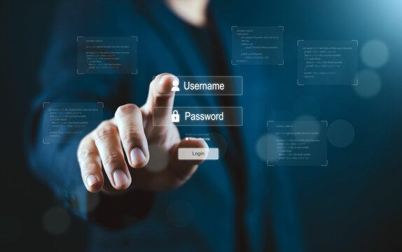 Business professional using a virtual login interface with username and password authentication, representing cybersecurity, secure access, identity protection, digital privacy, online data security.