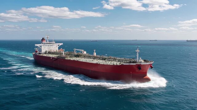 Massive cargo ship navigating through turquoise waters under bright blue sky