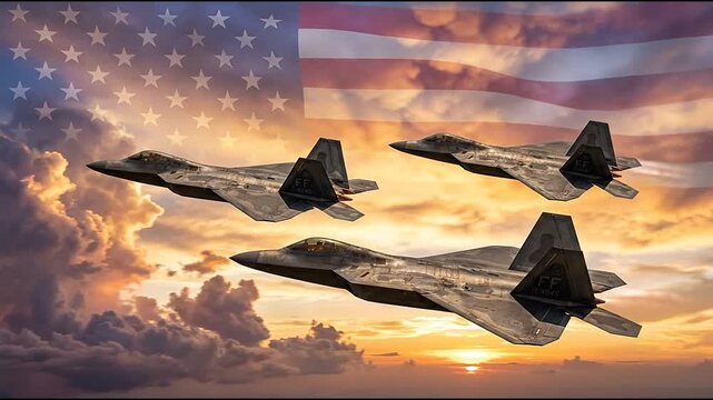 Military fighter jets flying at sunset with American flag overlay