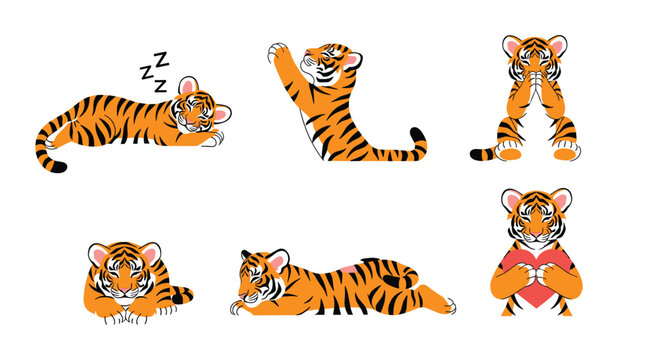 Cute little tiger cub character emotes shown in various poses including sleeping, yawning, and hiding its eyes.