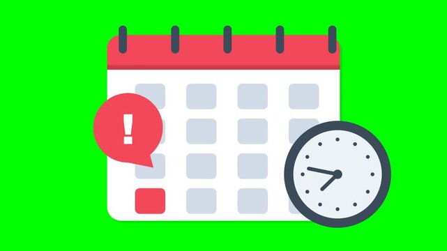 A calendar icon with a clock and a warning sign, representing deadlines and important events on a green background