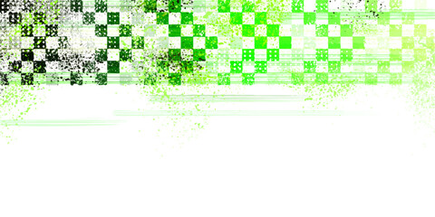 Obraz premium Grunge racing flag background with checkered pattern, speed lines and green paint splashes. Dynamic car sport vector banner with vintage worn dirty texture, finish line graphics for competition design