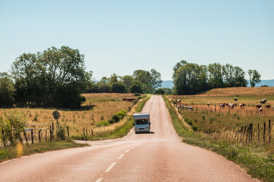 A motorhome on a road near Pontarlier town - France