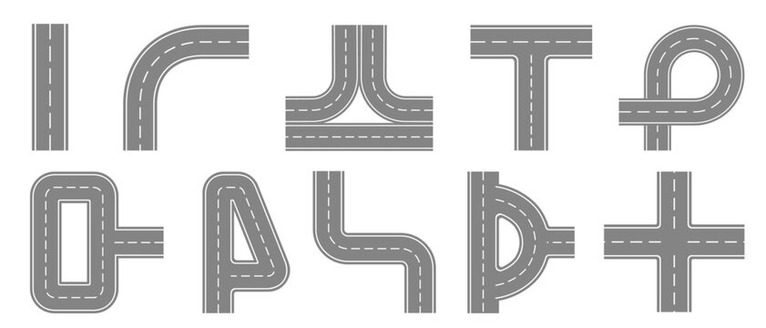 Urban road elements collection top view, highway tracks and street paths. Vector city map flat icons of asphalt routes, crossroads, and winding lanes for city street design project