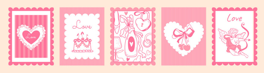 Obraz premium Vintage Valentine Day greeting cards set with romantic pink doodles. Vector illustration of love themed stamps with cupid, wedding cake, wine bottle and coquette cherry bow in cute scallop frames