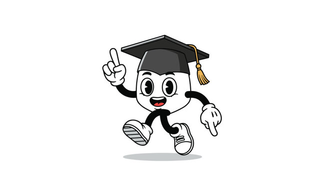 Cheerful cartoon character wearing a black graduation cap with a gold tassel making a pointing gesture for success.