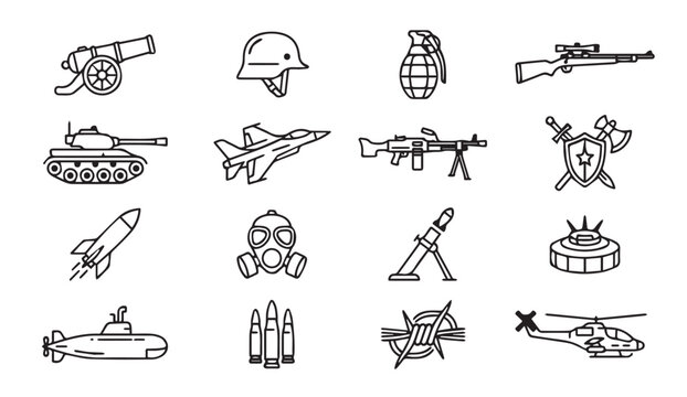 Military Icons in Clean Line Art Vector Illustration with White Background for Defense Concepts