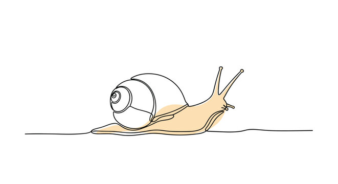 Minimalist continuous line drawing of a snail with a tan colored body and a spiral shell crawling slowly on white.