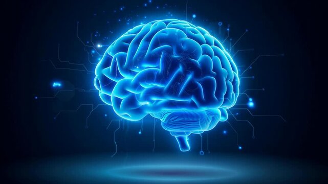 Glowing digital brain with neural network connections on dark background representing artificial intelligence