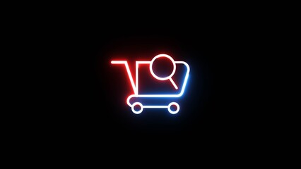 Neon shopping cart icon with magnifying glass symbol, digital commerce and online search. © Motion expert