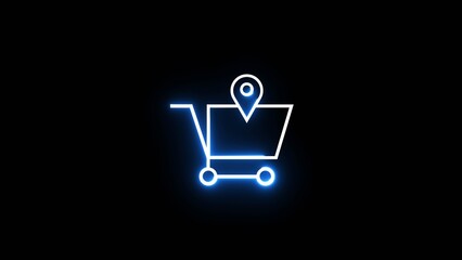 Neon blue light shopping cart icon with a location pin marker isolated on black background. © Motion expert