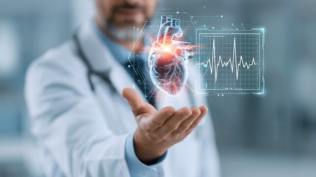 Doctor in white coat presenting radiant heart with floating ECG monitor, heart disease prevention, modern healthcare technology, blurred hospital background, no text, no logo, no watermark