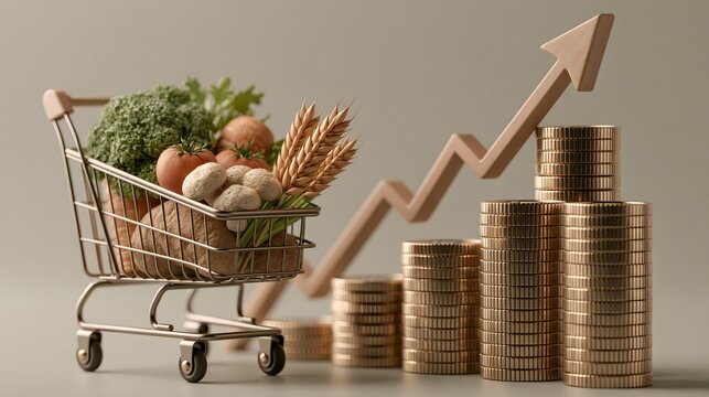 Rising food prices illustrated with shopping cart, gold coins and upward trend arrow, inflation and household expenses concept, neutral background, no text, no logo, no watermark