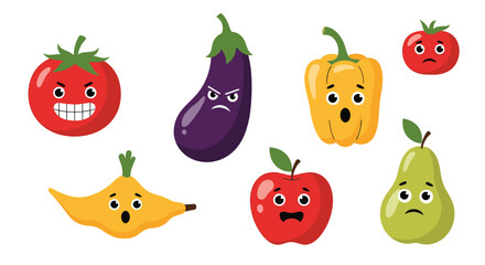 Fototapeta premium Cute cartoon fruits and vegetables characters with various funny facial expressions including angry tomato and surprised bell pepper.