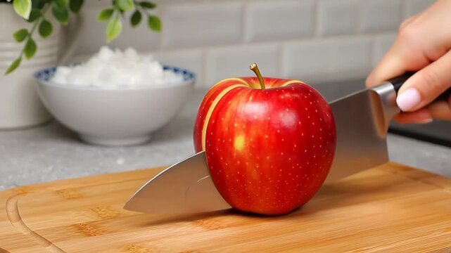 Red apple on wooden cutting board